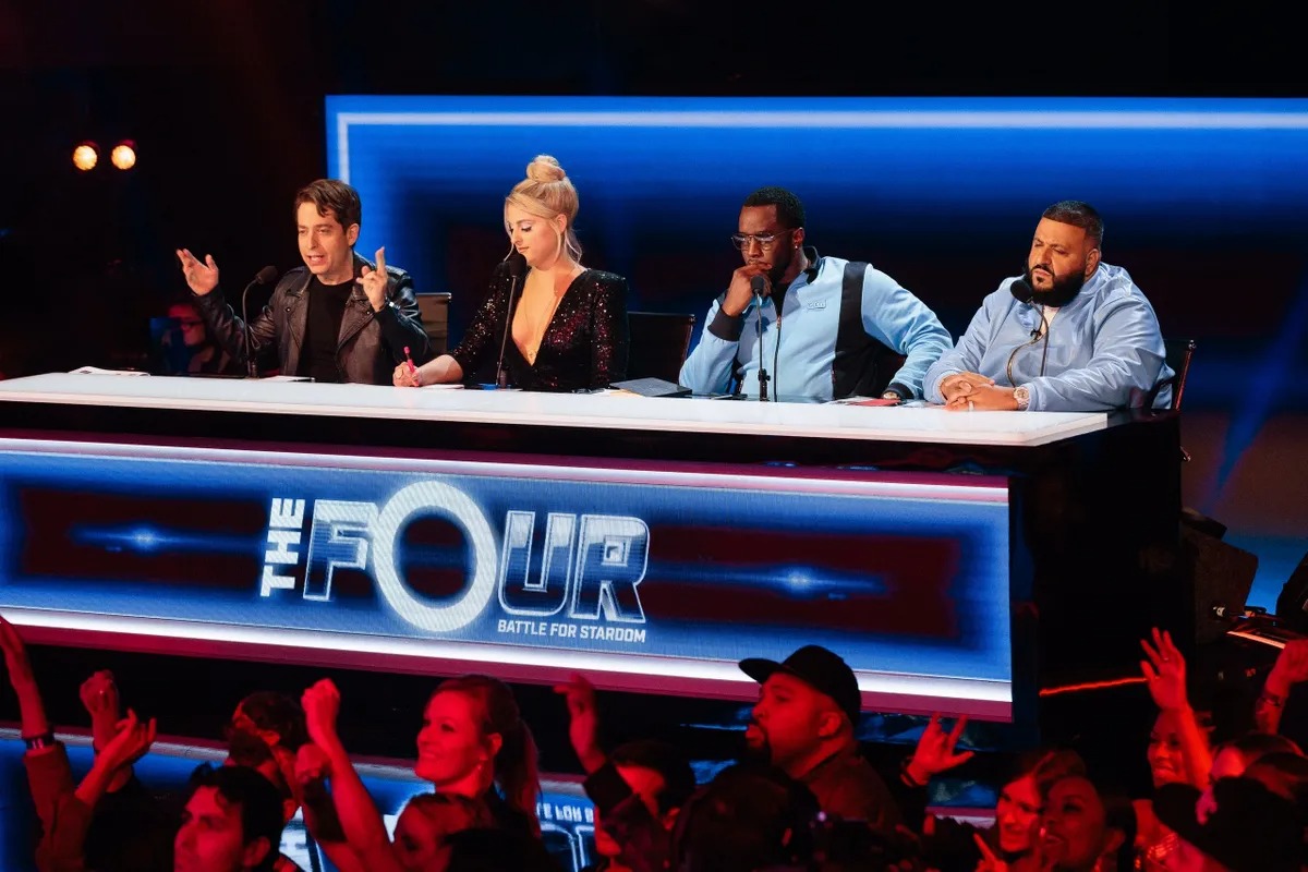 Judges desk on The Four set lit in blue and red