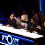 Judges talking across The Four desk during a taping