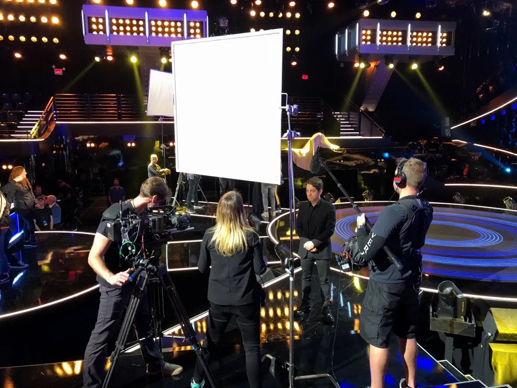 Camera crew setting up a shot on the studio floor